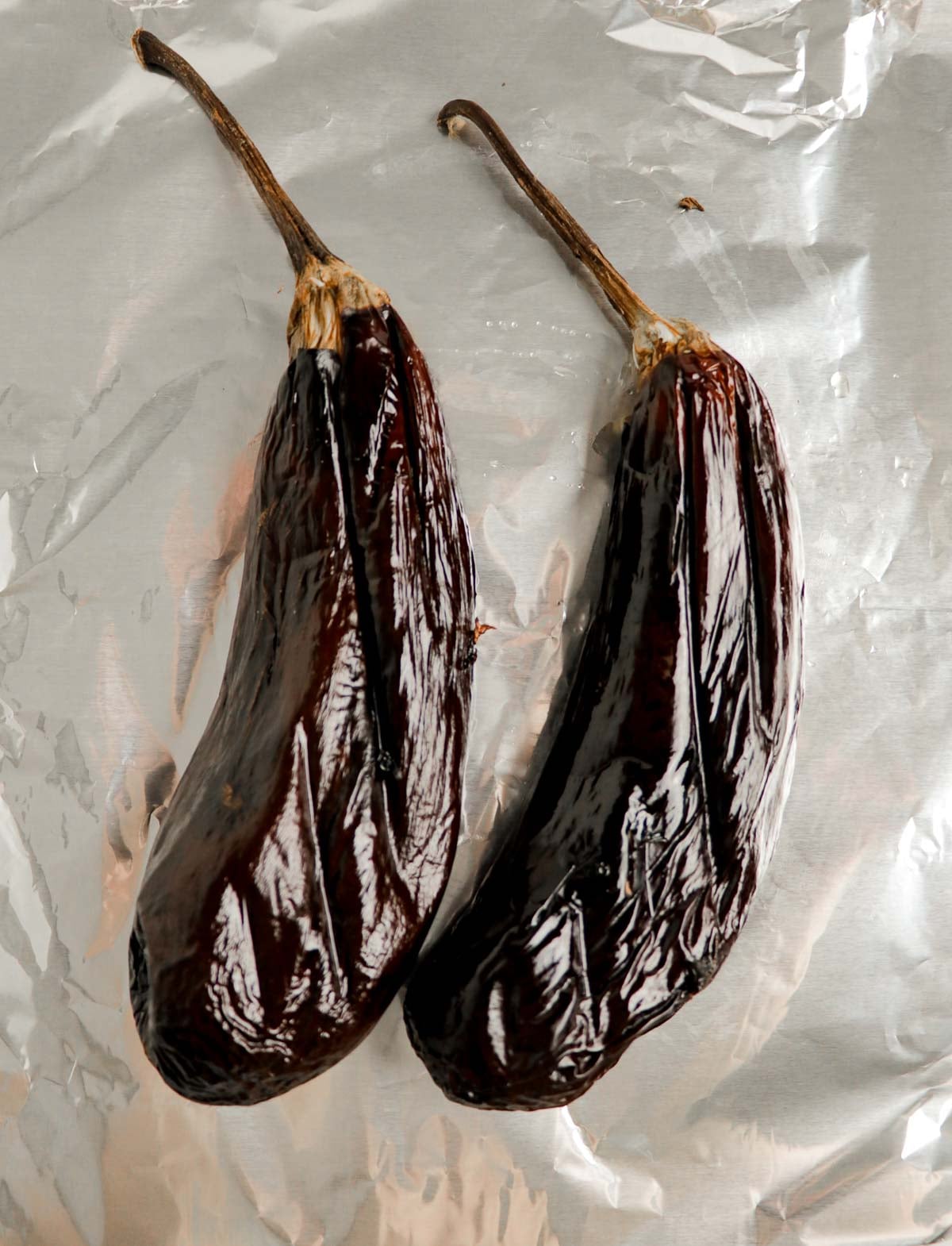 Eggplants after being roasted in the oven.