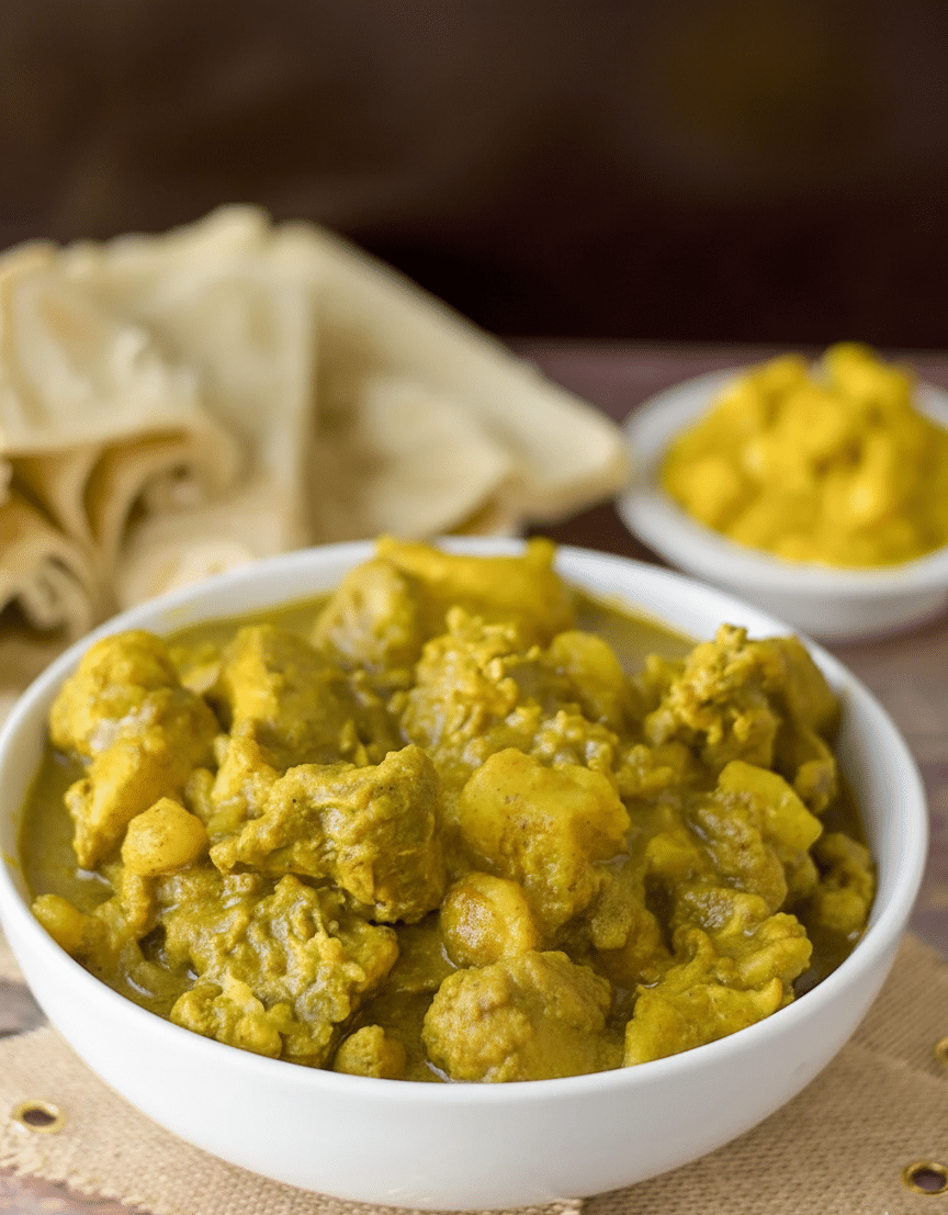 A delicious curry chicken dish, infused with various spices that can be eaten with rice or with roti.
