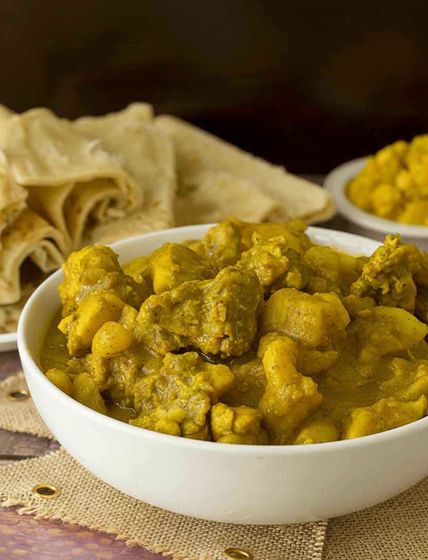 A delicious curry chicken dish, infused with various spices that can be eaten with rice or with roti. Close-up of flavorful Trinidad curry chicken in a white bowl, paired with soft roti and a side of curried chickpeas in the background.
