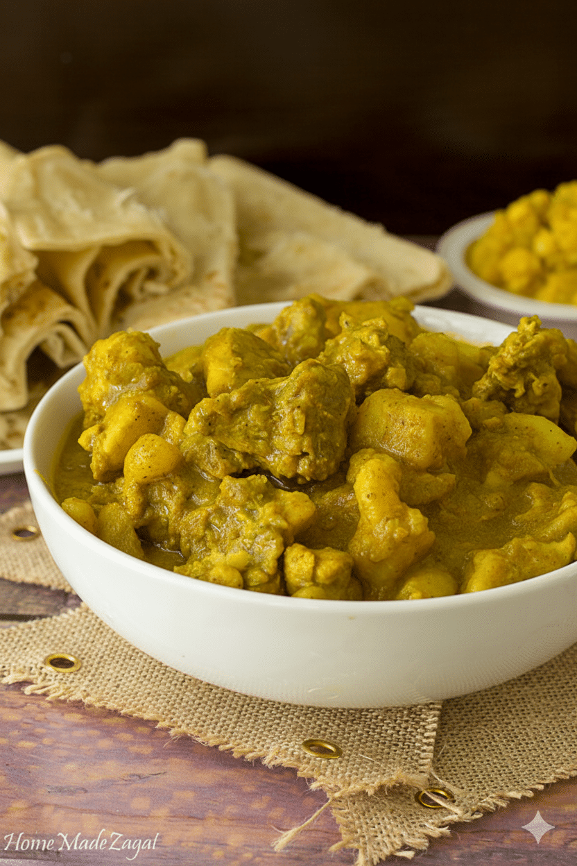 Close-up of flavorful Trinidad curry chicken in a white bowl, paired with soft roti and a side of curried chickpeas in the background.