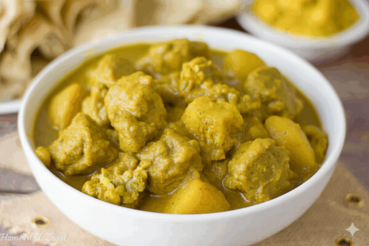Tender chunks of curry chicken and potatoes simmered in golden Caribbean curry sauce, served in a white bowl with roti in the background.