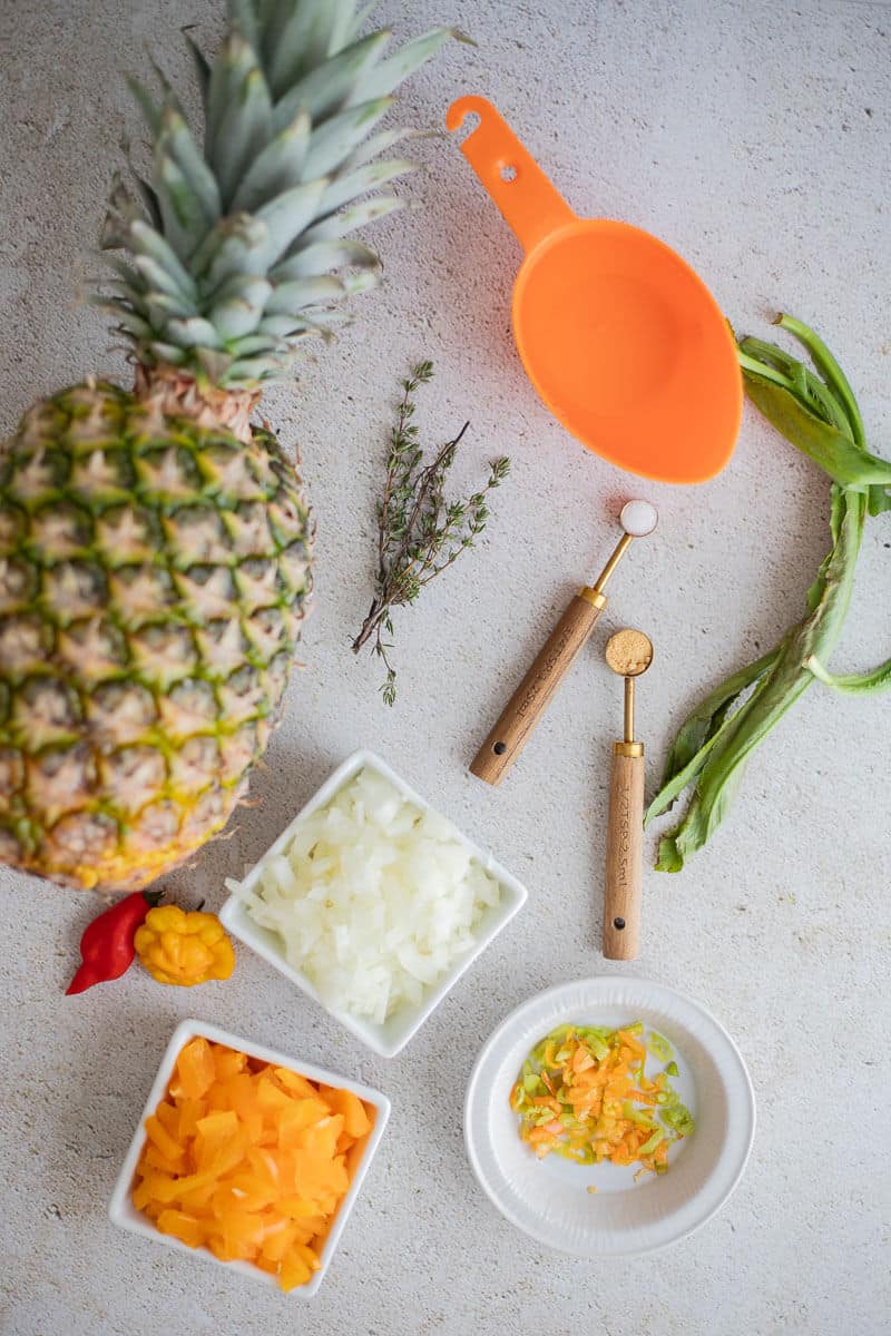 Ingredients for pineapple chutney including fresh pineapple, chopped onion, hot peppers, herbs, and seasoning