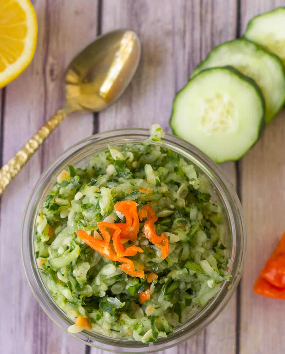 Homemade Trinidad cucumber chutney served in a bowl