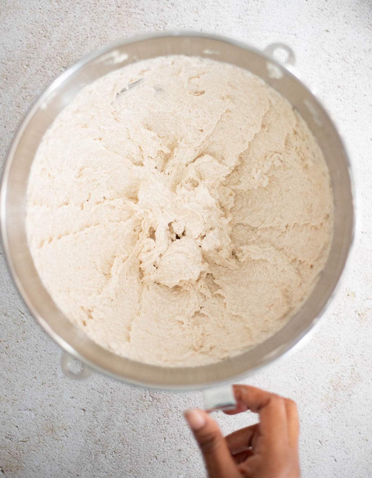 Butter, brown sugar, vanilla, and eggs creamed together in a mixing bowl for Caribbean fruit sponge cake.