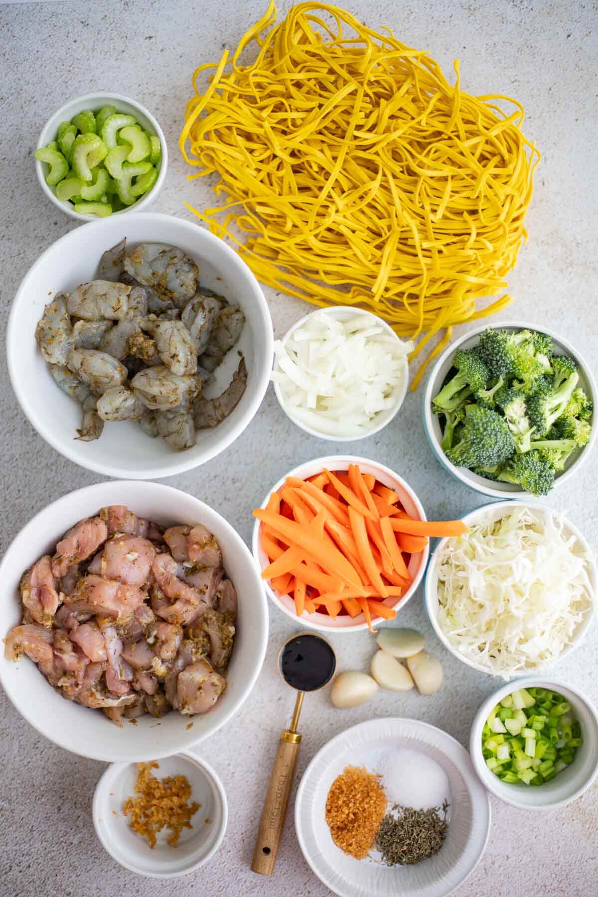 Ingredients for Caribbean chicken and shrimp chow mein.
