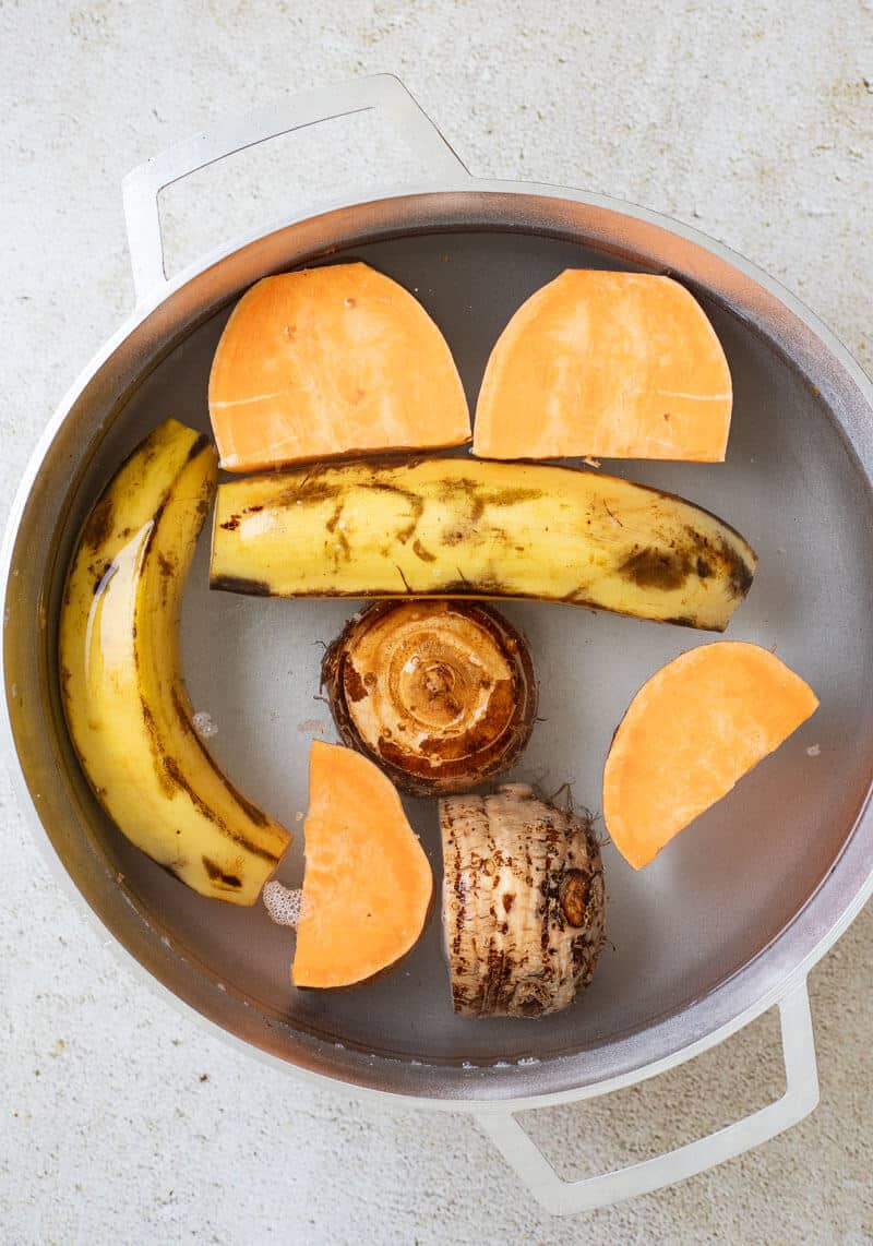 plantain, sweet potato and dasheen boiling with skin on in pot