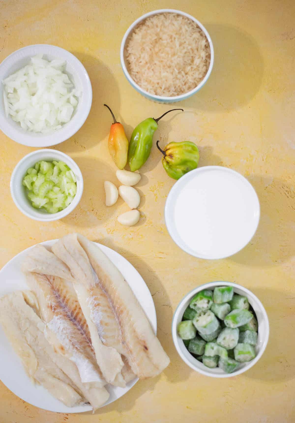 Ingredients for stovetop saltfish and rice cook-up
