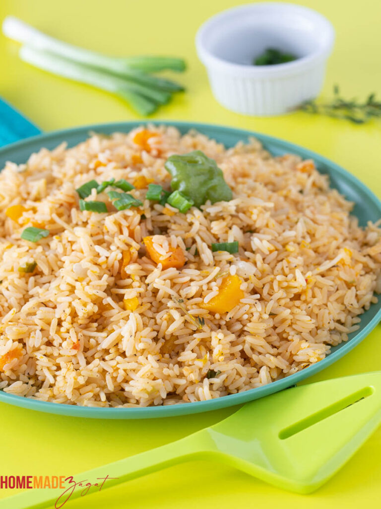 Jamaican Pumpkin Rice in a blue bowl