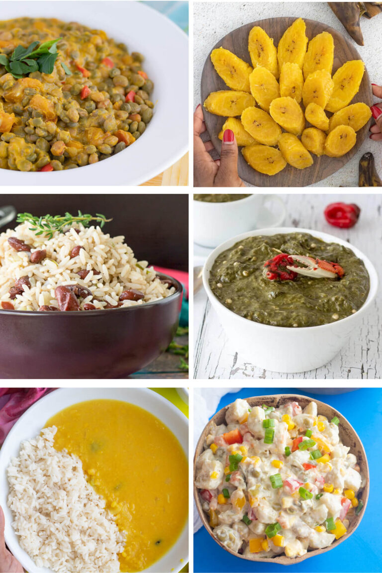 Collage of Caribbean side dishes including macaroni pie, fried plantains, callaloo, and more.