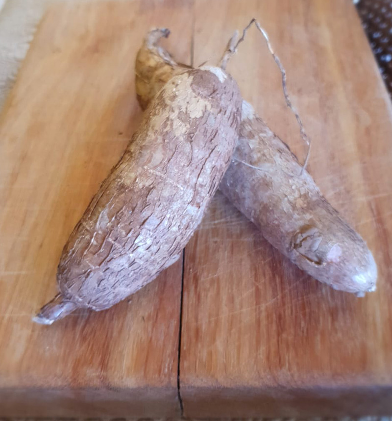 A picture of raw fresh cassava with the skin on.