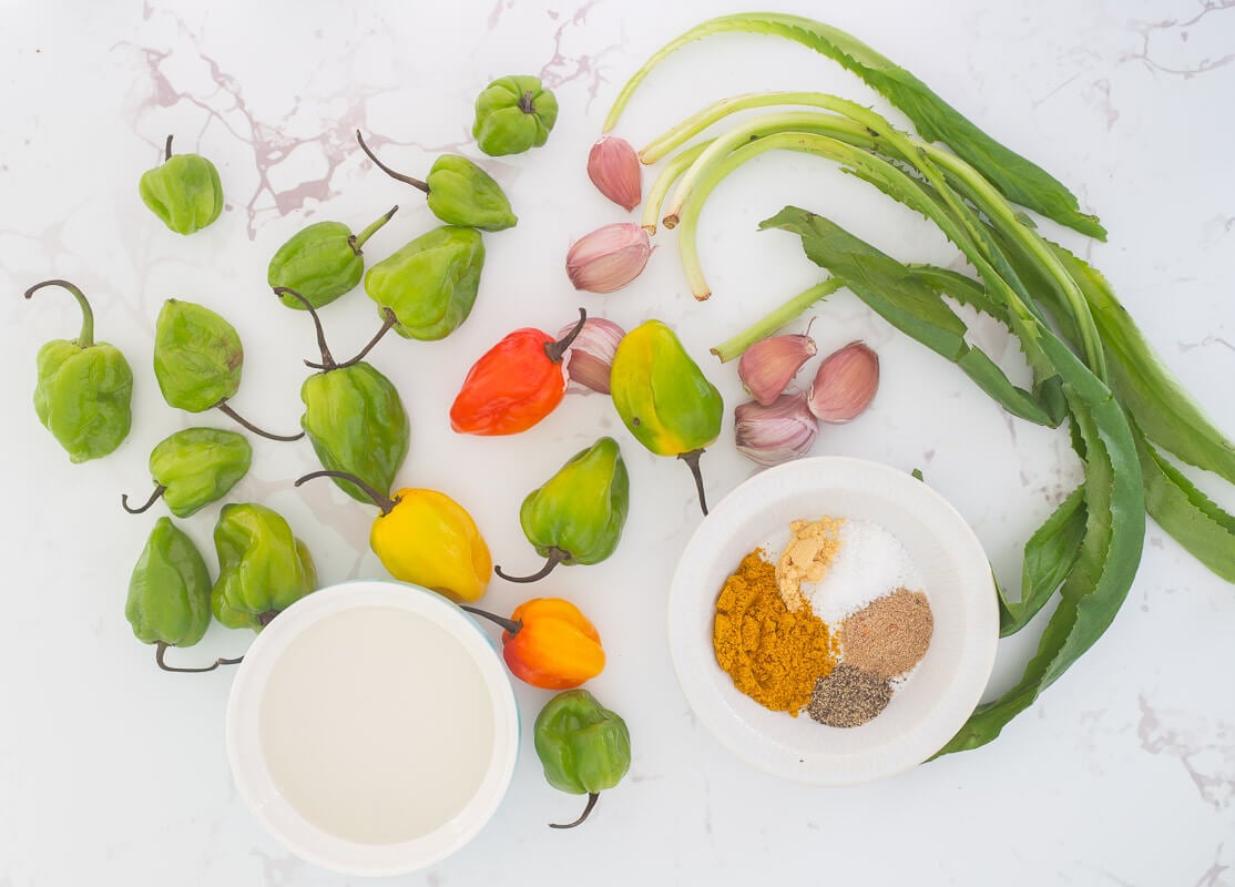 Peppers, chadon beni, garlic and seasonings on a white background.