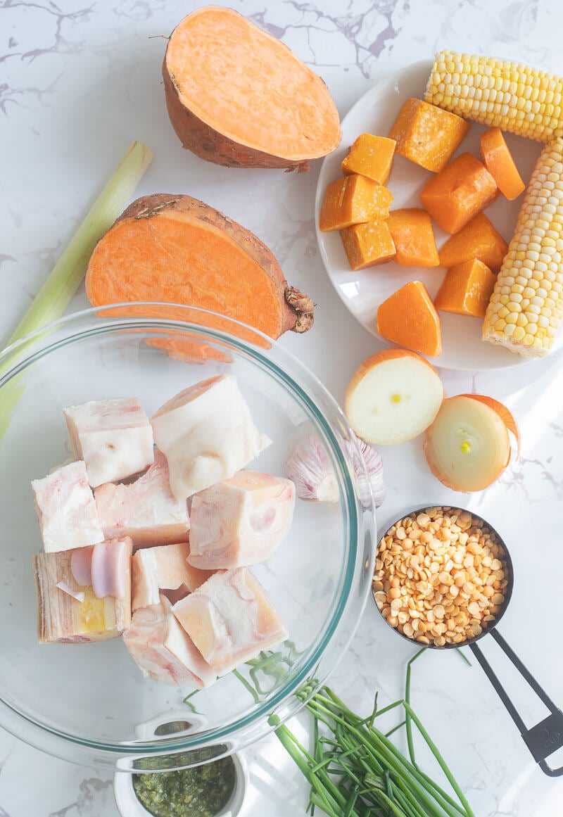 Ingredients for Caribbean cow heel (cow foot) soup.