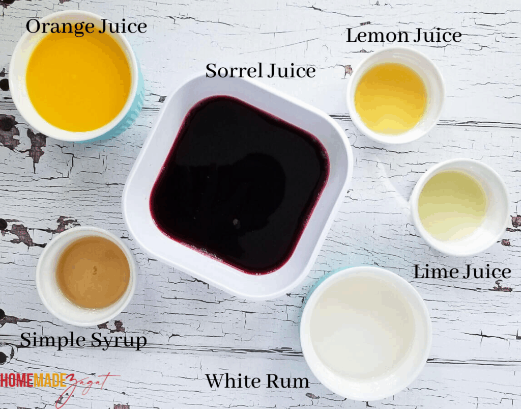 A picture of the ingredients needed to make this rum punch recipe