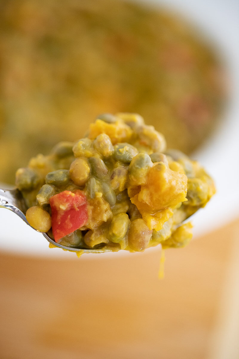 A spoonful of stewed pigeon peas.