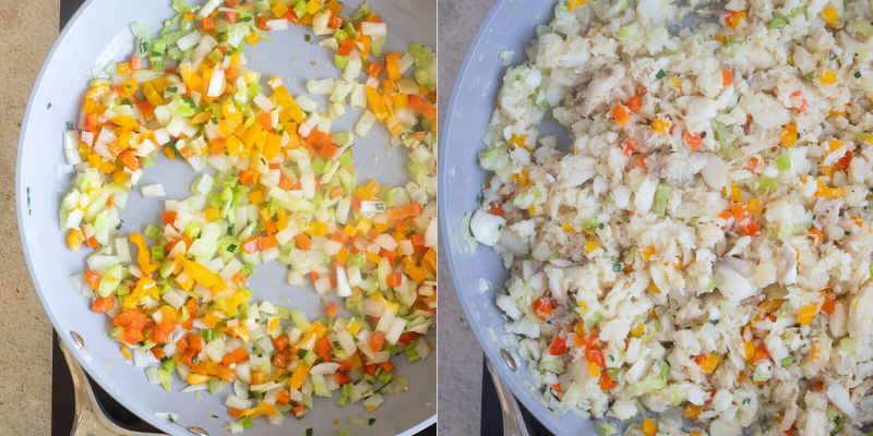 Aromatics being sauteed then shredded cod fish incorporated.