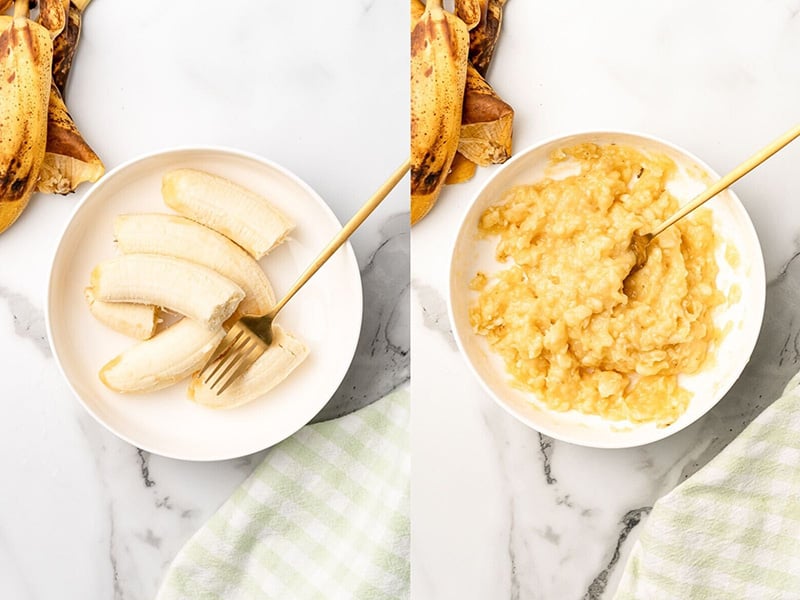 A picture of peeled bananas then mashed up.