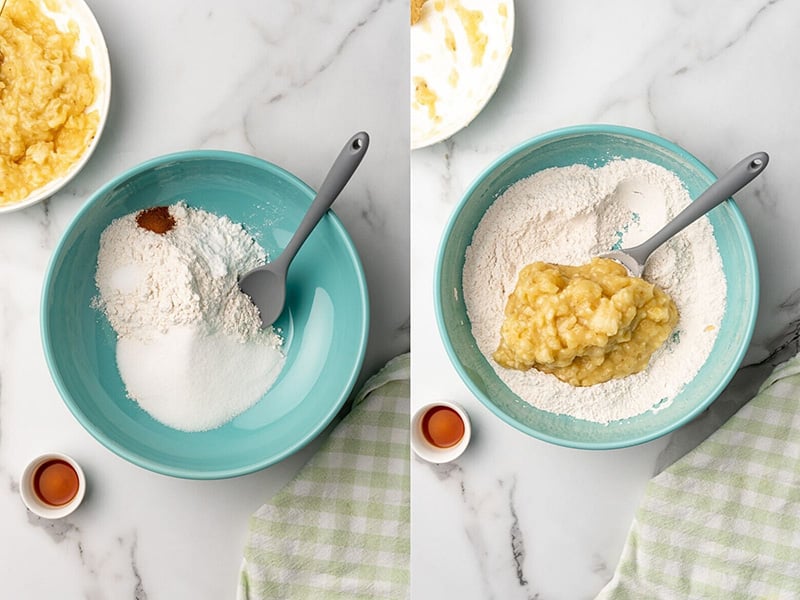 A picture of the dry ingredients in a blue bowl then added with the mashed bananas.