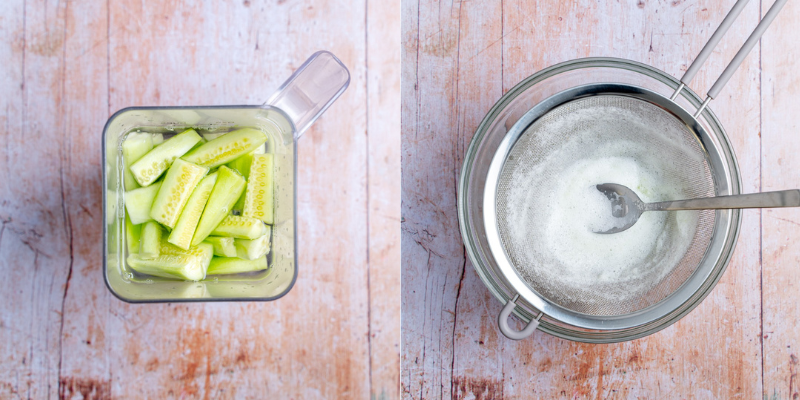 Homemade cucumber and lime juice being strained through a fine mesh strainer for a smooth, refreshing drink.