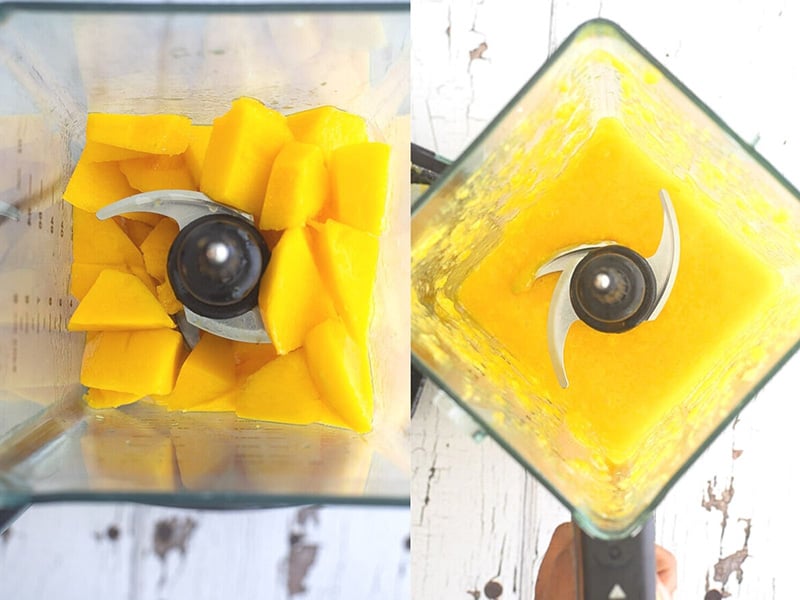 A collage of mango cubes in a blender then showing an image of blended mango pulp.