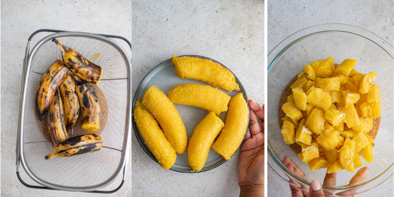 Step by step of boiled plantains strained then peeled and cubed in a large bowl.