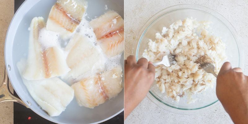 Cod fish being boiled till tender then shredded into small pieces.