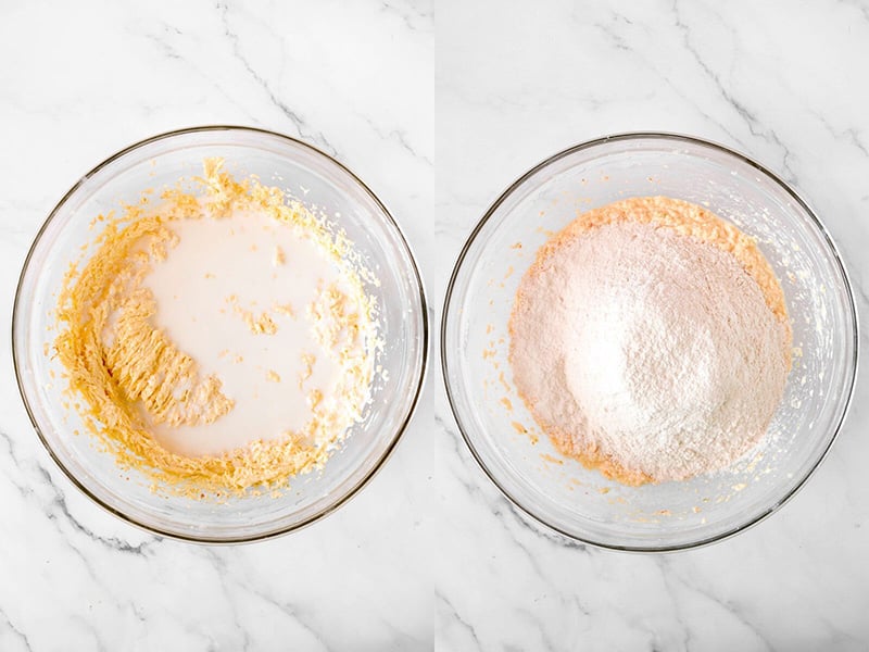 Alternating of buttermilk and flour added to creamed butter mixture.