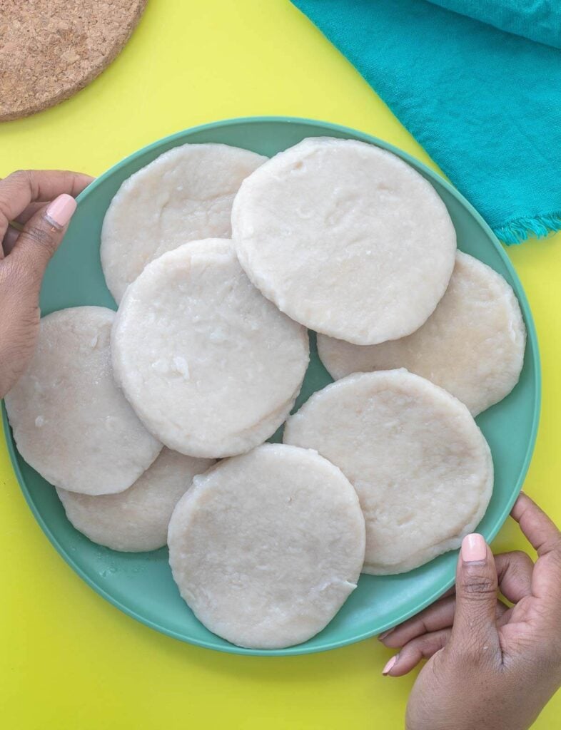 A plate of Caribbean boiled dumplings ready to be served.