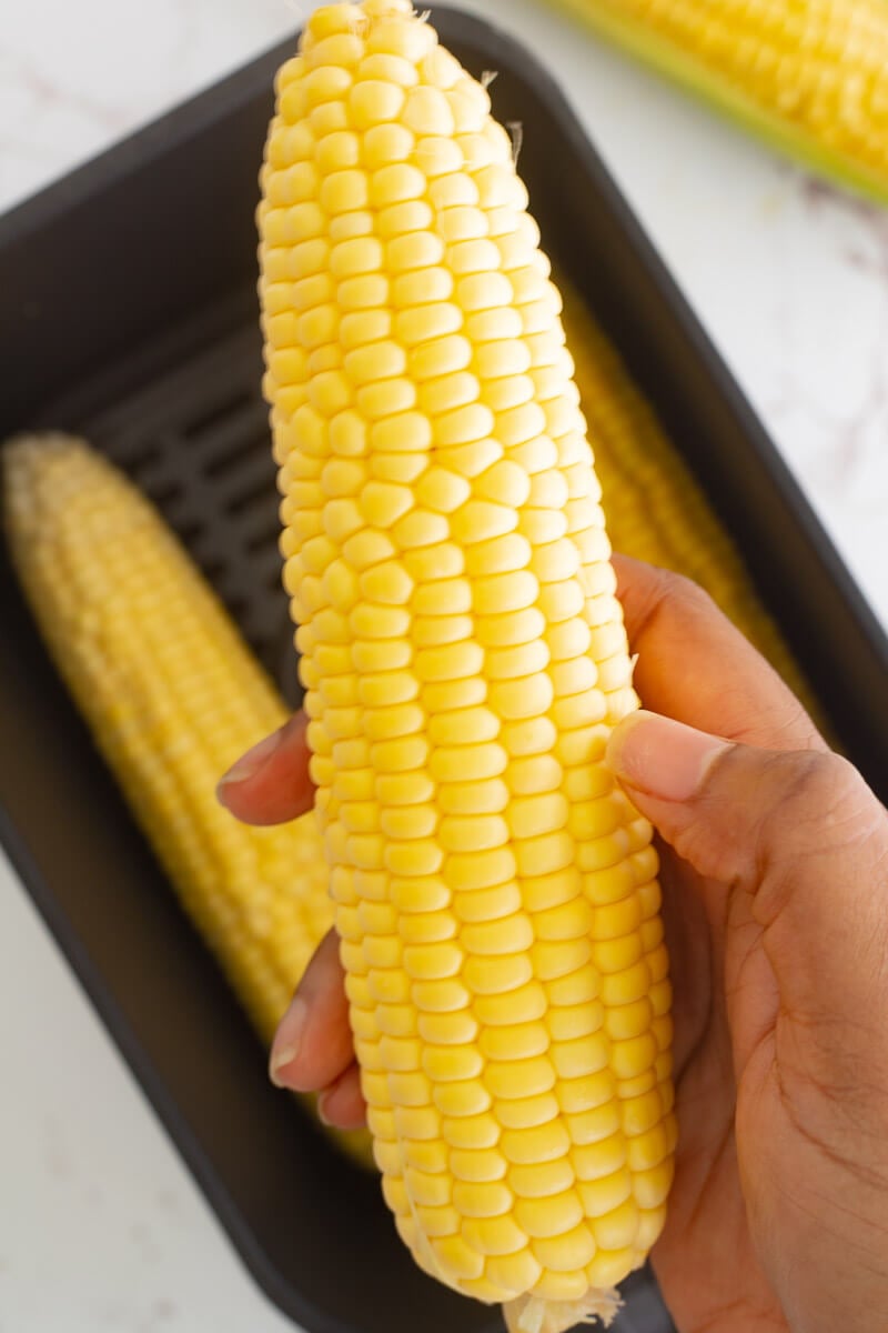 An ear of corn cleaned of silk and husk.