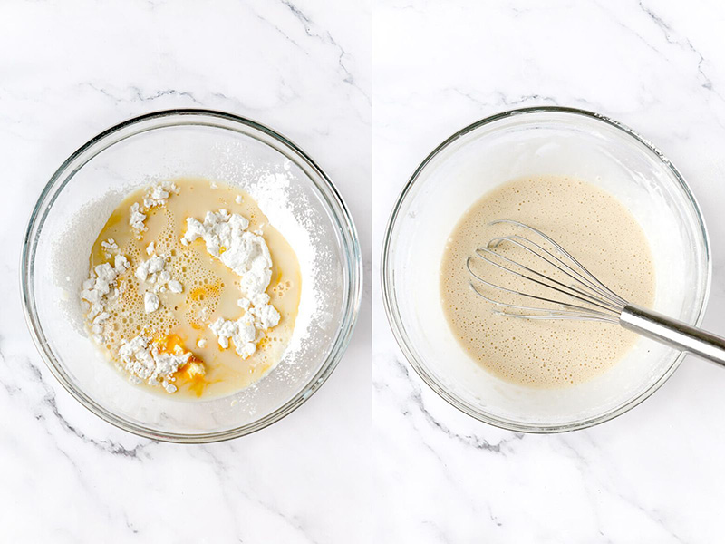 Picture of dry ingredients and wet ingredients then the finished pancake batter.