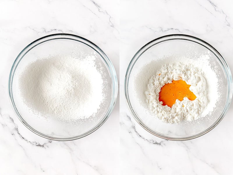 Sifted flour and dry ingredients, then adding essence to dry ingredients to make cassava pancakes.