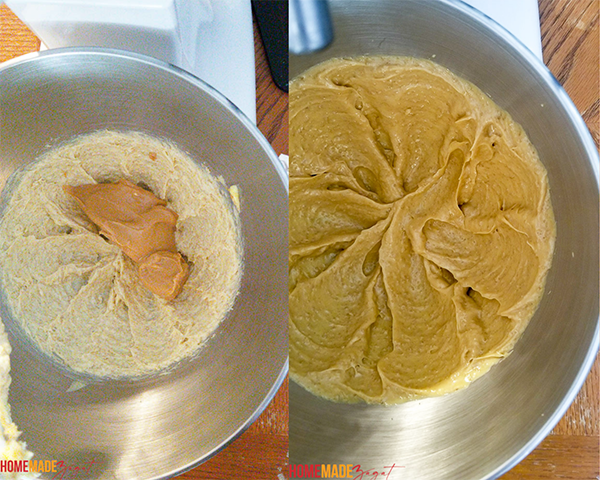 Bowl of creamed eggs and butter then a bowl with mixed in peanut butter