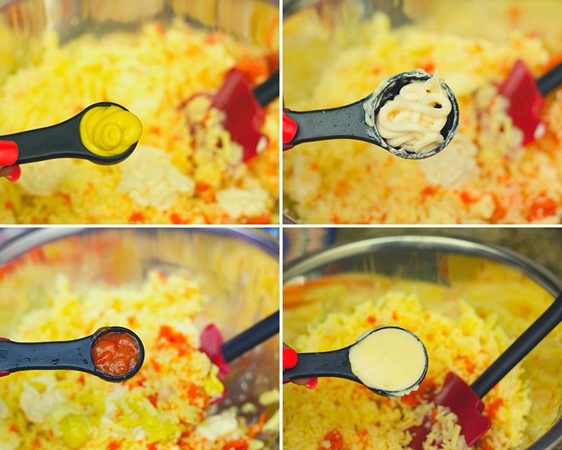 Step by step pictures showing the ingredients adding to cheese. 