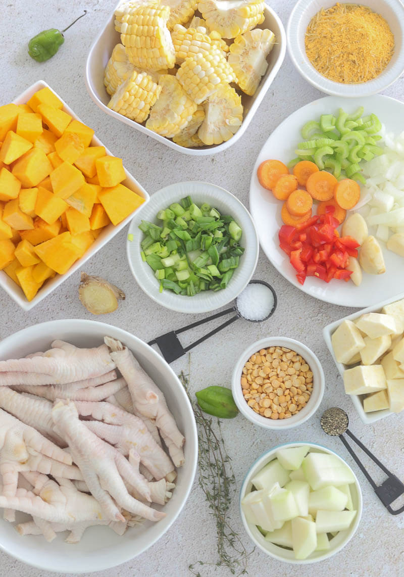 A picture of ingredients for making chicken foot soup.