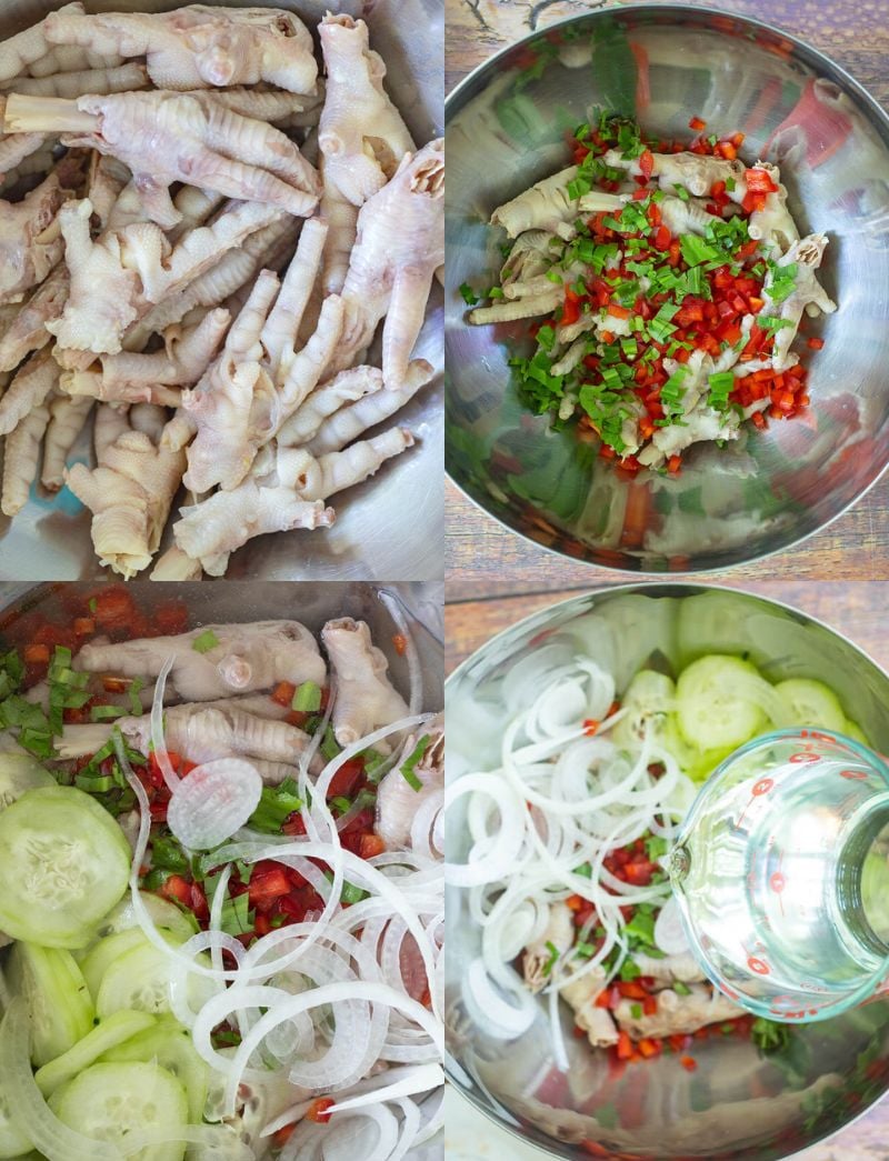 Process shots of taking the boiled chicken feet, and adding the onions, cucumbers, seasonings and water.