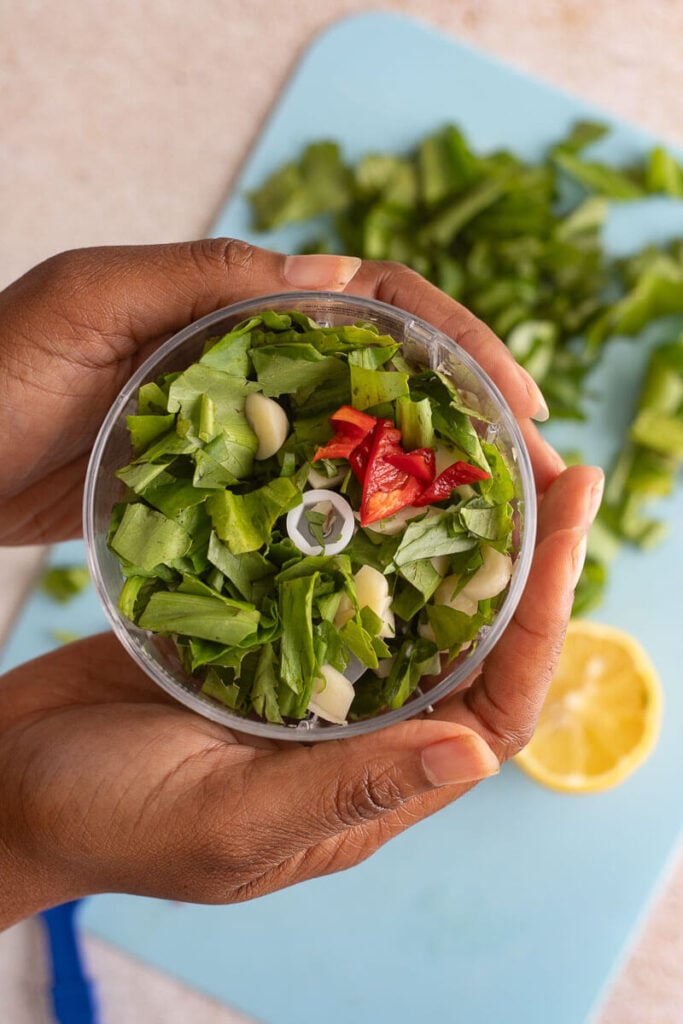 A hand holding ingredients in a mini food processor to be chopped up.
