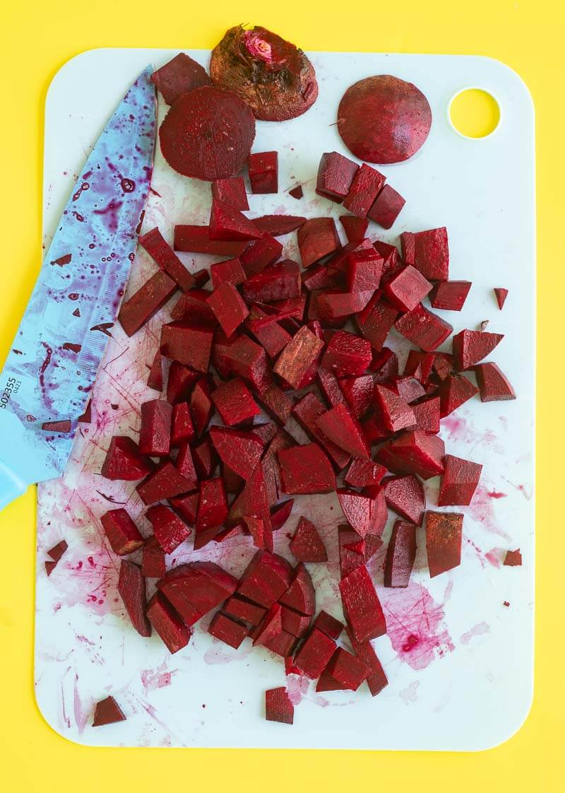 Chopped up raw beet roots to make beet juice.