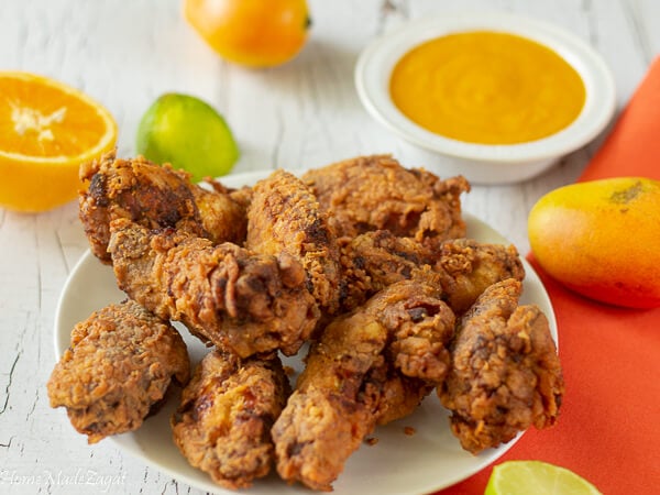 Fried chicken with a mango mustard sauce