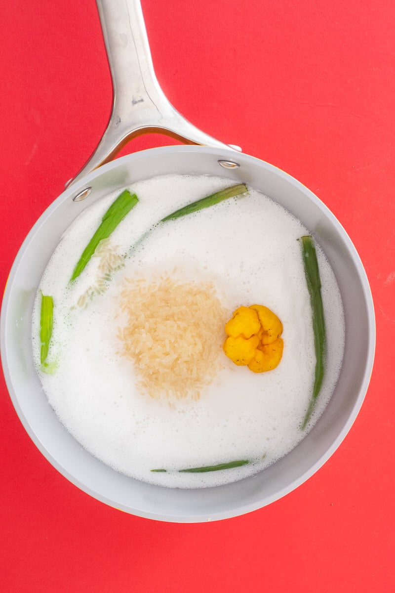 A deep pot with coconut milk, scallion, washed rice and a scotch bonnet pepper ready on a red counter.