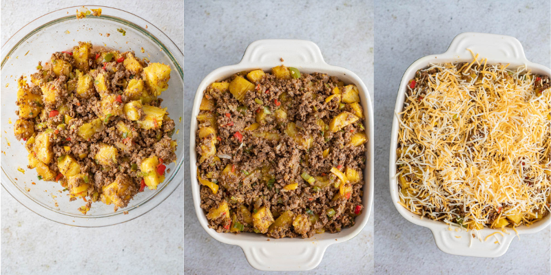 Steps for combining the ripe plantain cubes and the meat to make the pie.