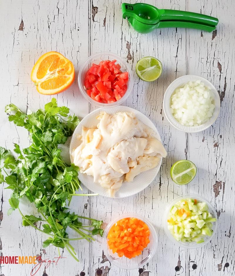 The ingredients needed to create a Bahamian conch salad