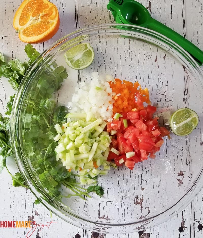 Vegetables cubed to combine for conch salad