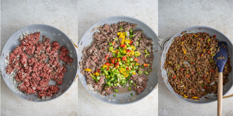 Cooking of minced meat to put in a ripe plantain pie with the aromatics and spices.