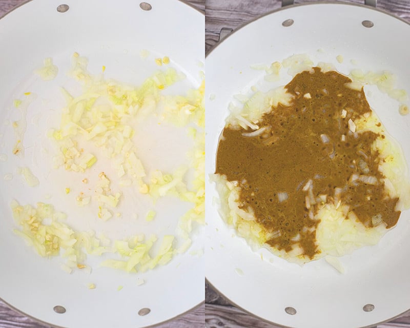 Frying onions and garlic in oil then adding in the curry paste to the hot oil.
