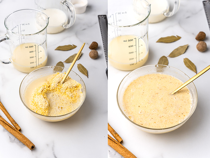 Making the cornmeal sap by mixing the dried cornmeal with water till combined.