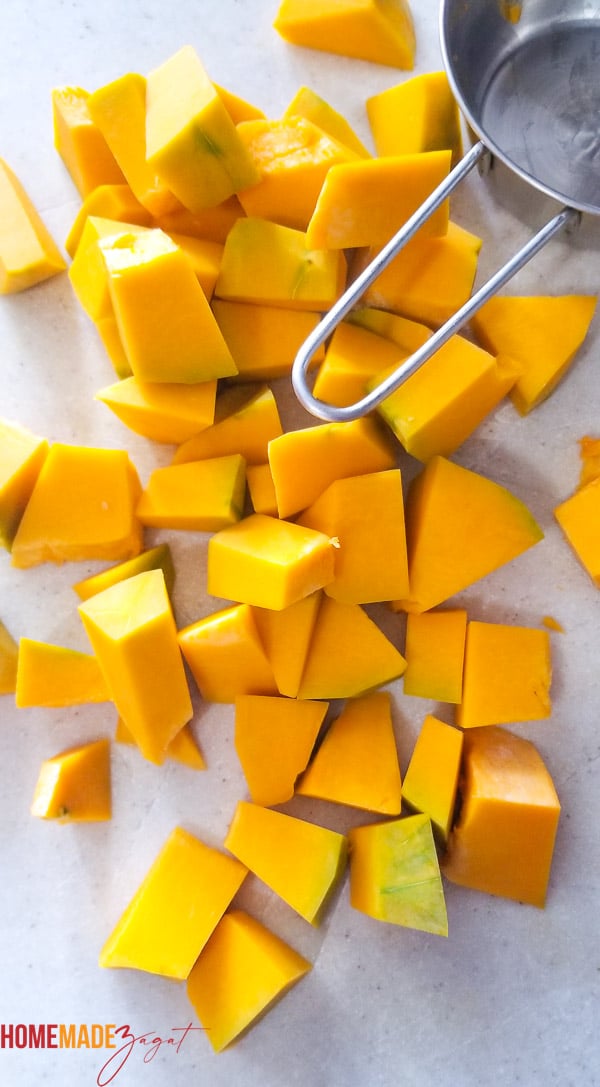 Peeled and cubed calabza pumpkin