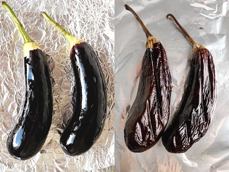 eggplants before they were roasted, and then what they look like when roasted.