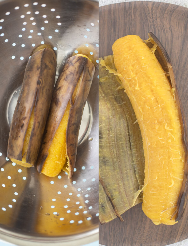 Pictures of ripe plantain boiled and strained, then peeled.