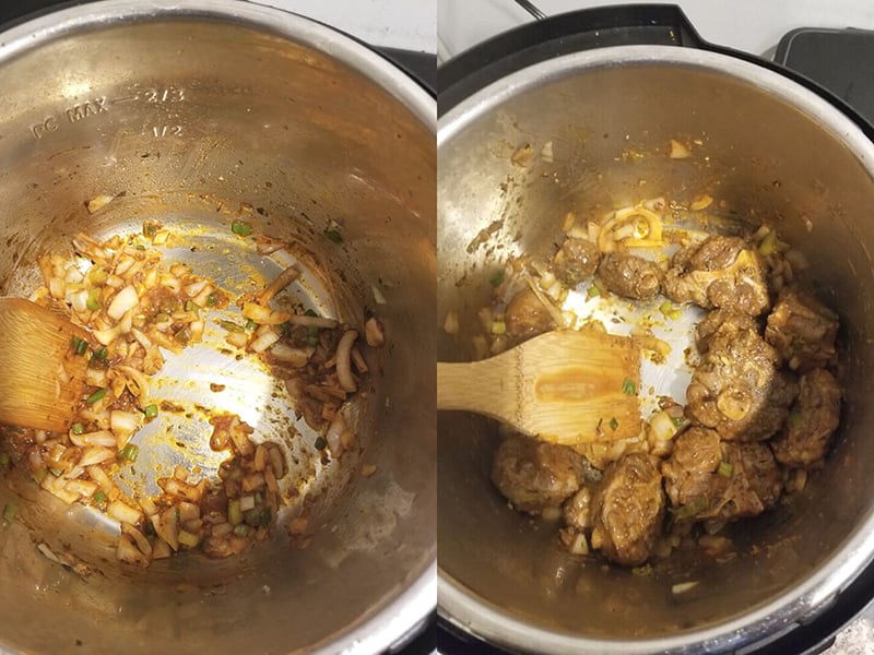 Oxtail and aromatic being mixed up and braised in the pan.