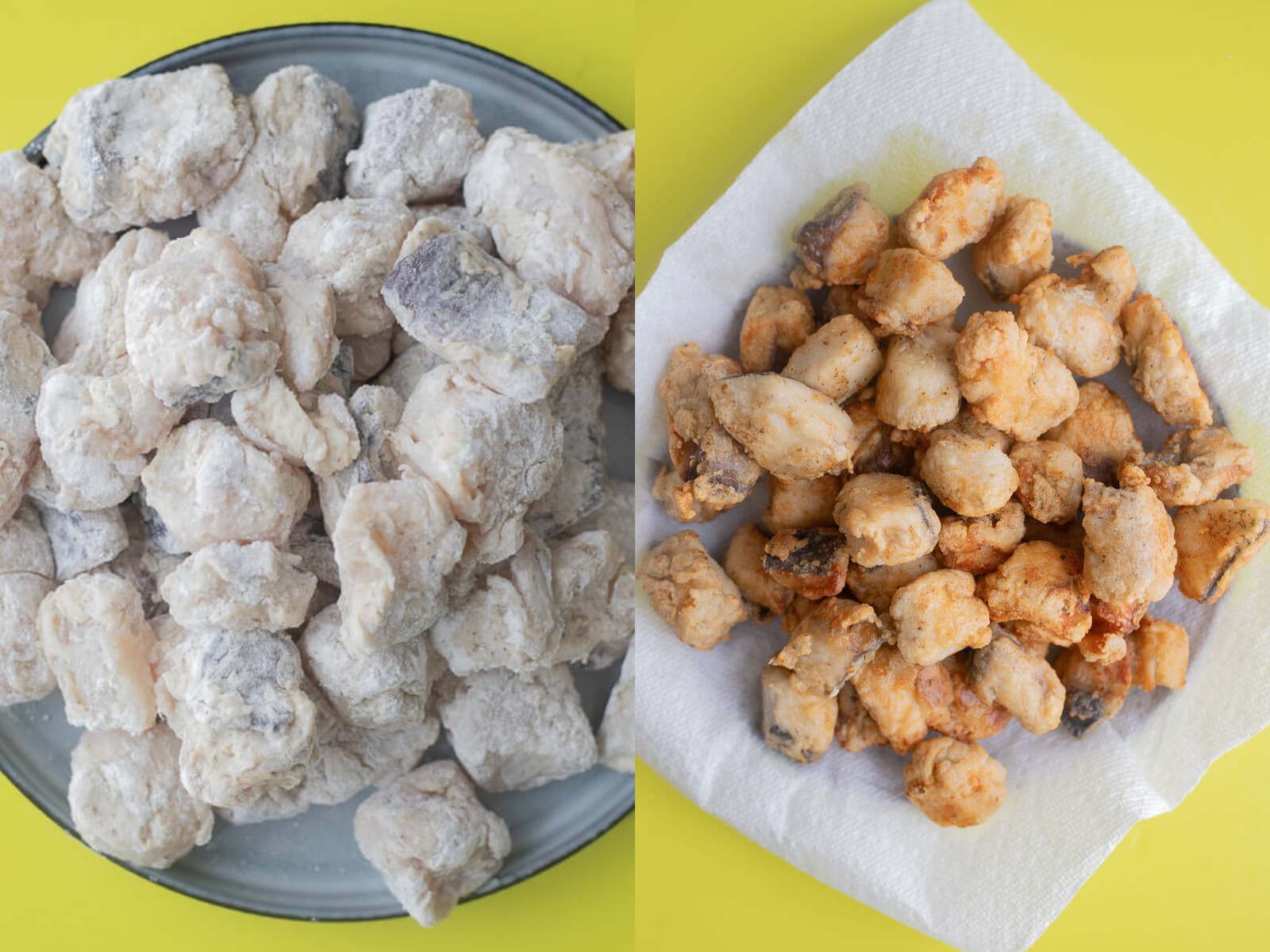 Fish bites dregged in seasoned flour on a plate next to the fried fish bites on paper towel.