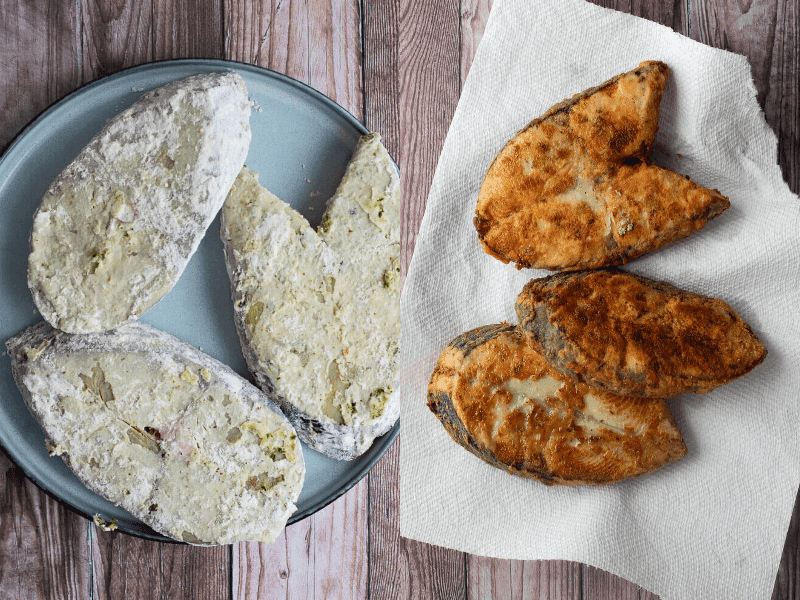 A side by side of king fish coated in flour then the fish fried till golden brown.